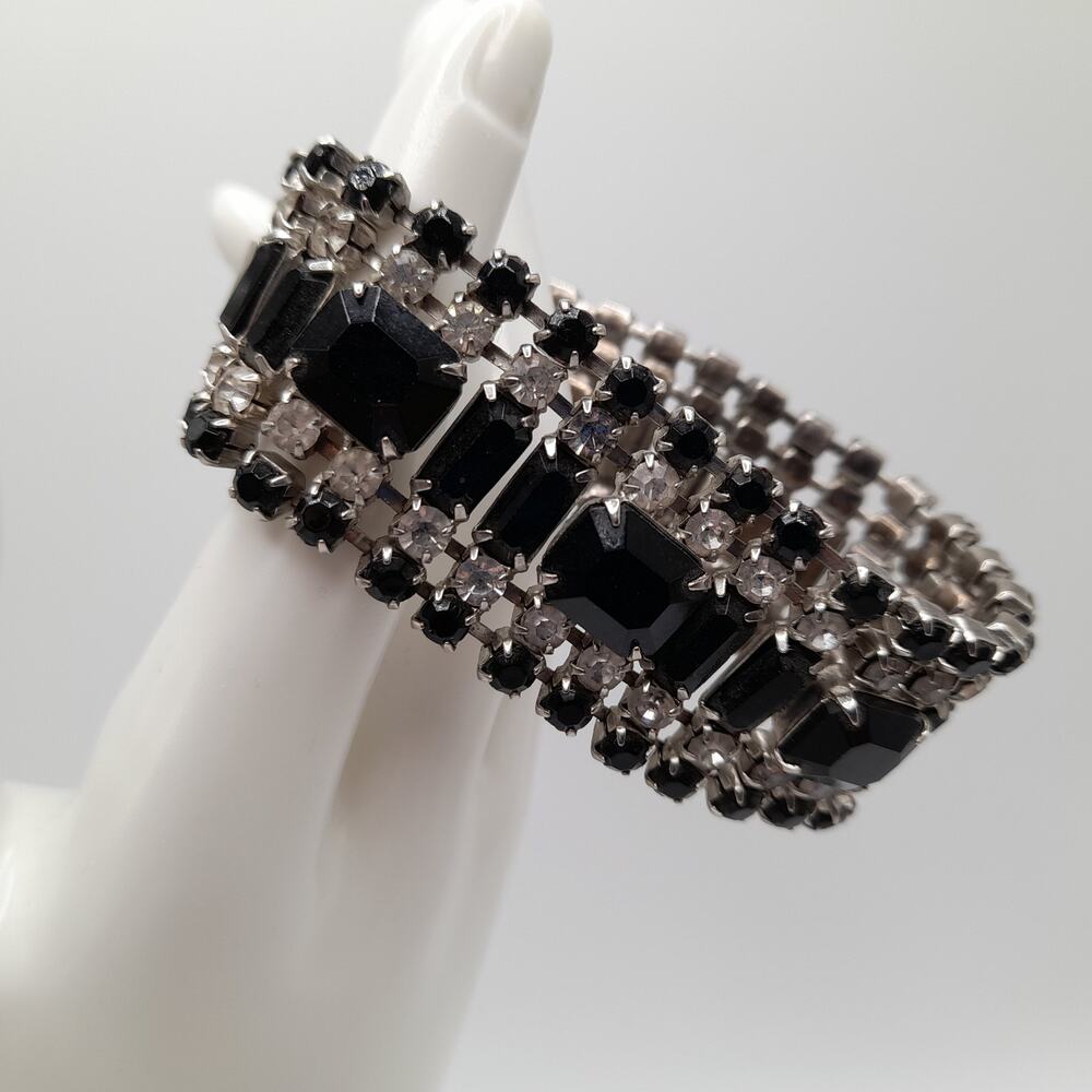 Vintage Black Clear Rhinestone Wide Bracelet Art Deco Style 7 Inch